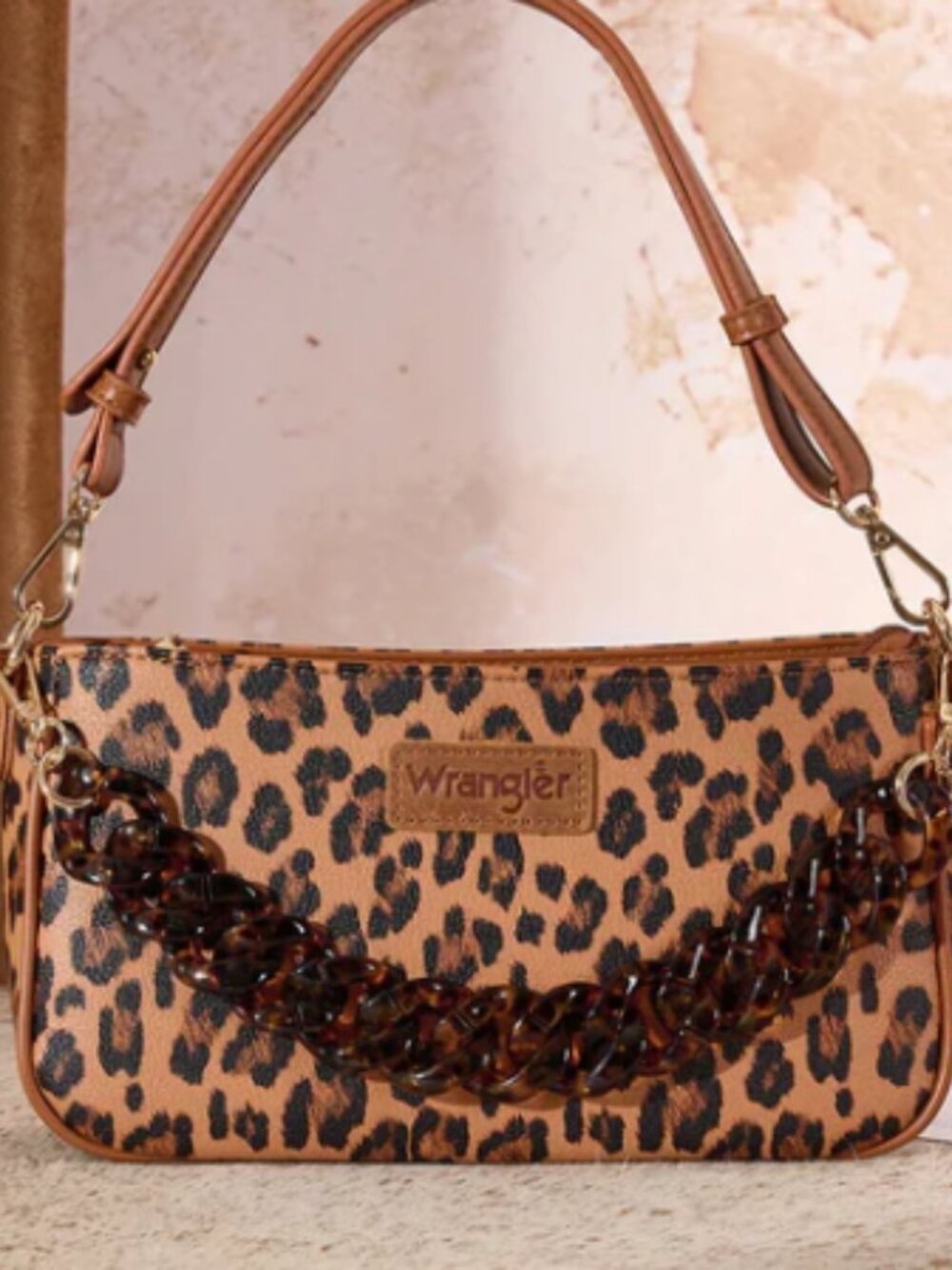 Wrangler Western Leopard Print Shoulder Bag with Chain Detail - Brown NWT